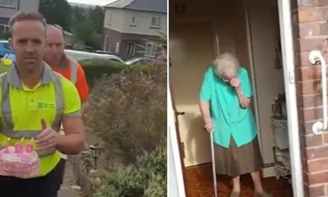 100-Year-Old Lady Cried Tears Of Joy When Garbage Collectors Surprised Her With A Birthday Cake