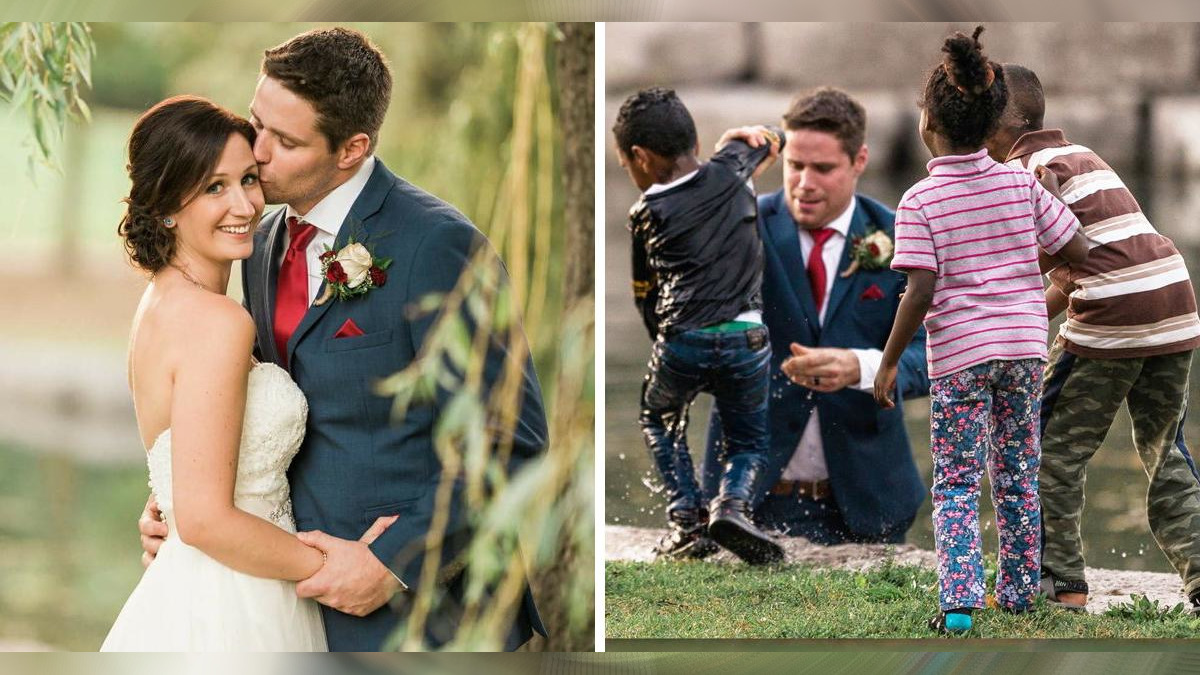 Groom Disappears During Wedding Photography Shoot When Bride Sees Him Rescuing Child After He Falls Into Pond