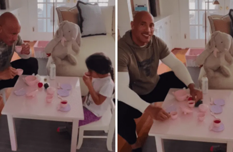 Dwayne ‘The Rock’ Johnson Takes Sip From Tiny Pink Cup During Tea Party With Four-Year-Old Daughter Tiana